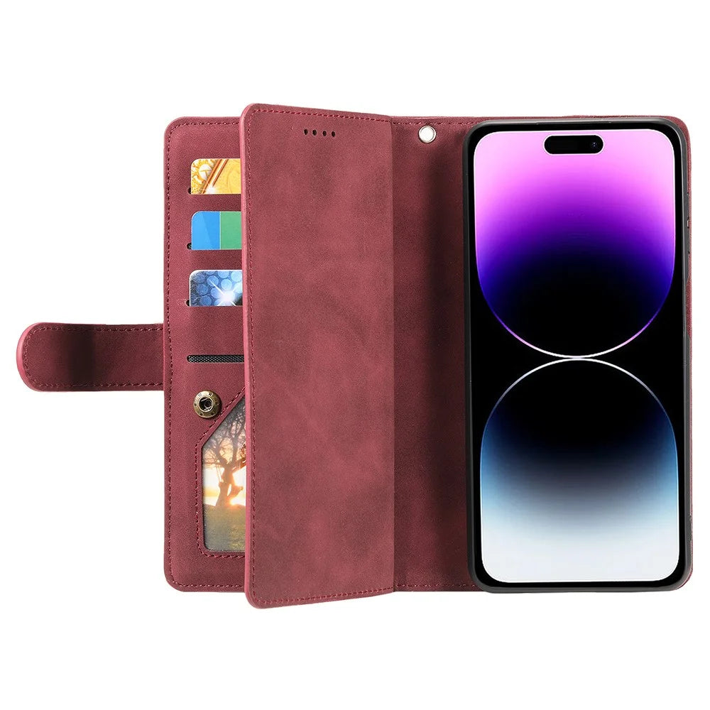For iPhone 15 Plus Wallet Stand Cover Zipper Pocket 9 Card Slots Phone Shell PU Leather Case - Wine Red - 3