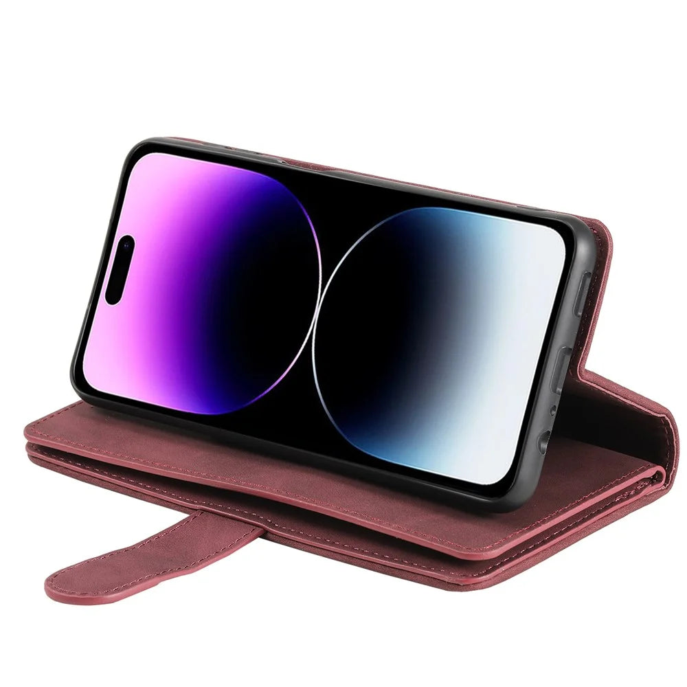 For iPhone 15 Plus Wallet Stand Cover Zipper Pocket 9 Card Slots Phone Shell PU Leather Case - Wine Red - 4