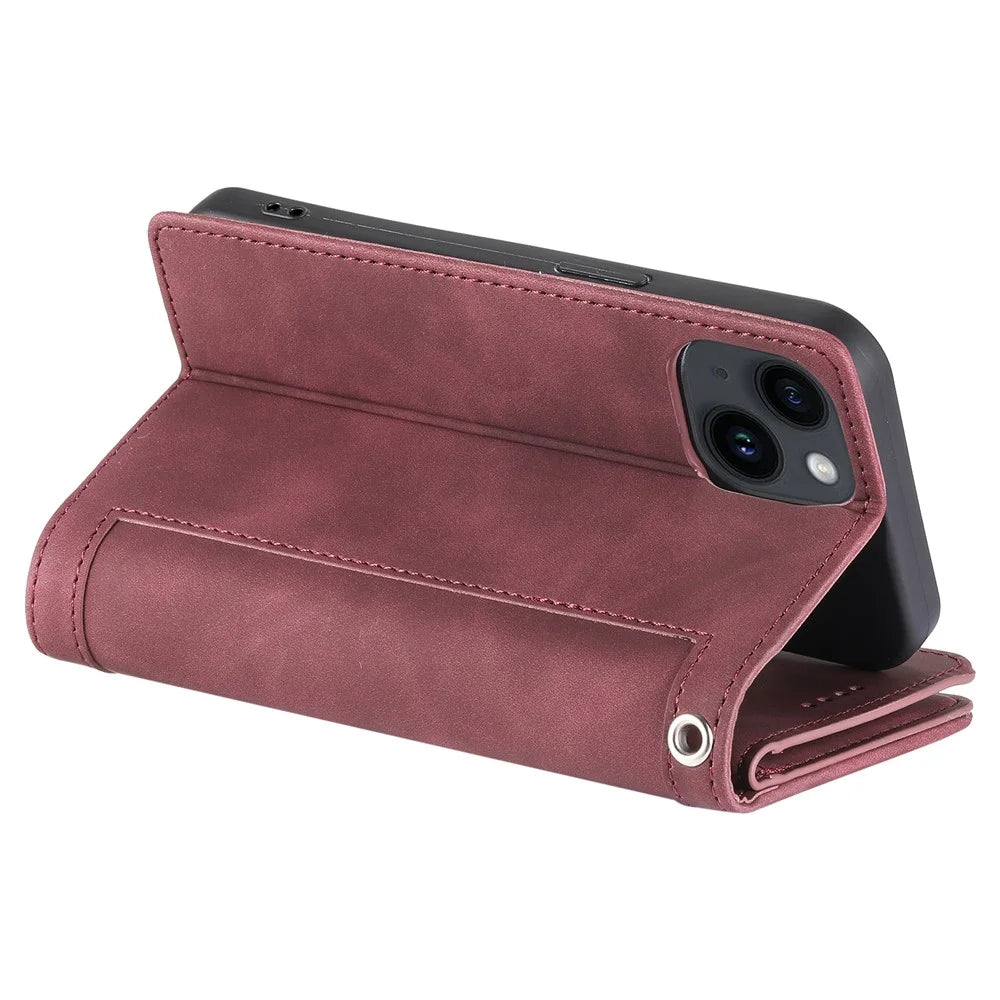 For iPhone 15 Plus Wallet Stand Cover Zipper Pocket 9 Card Slots Phone Shell PU Leather Case - Wine Red - 5