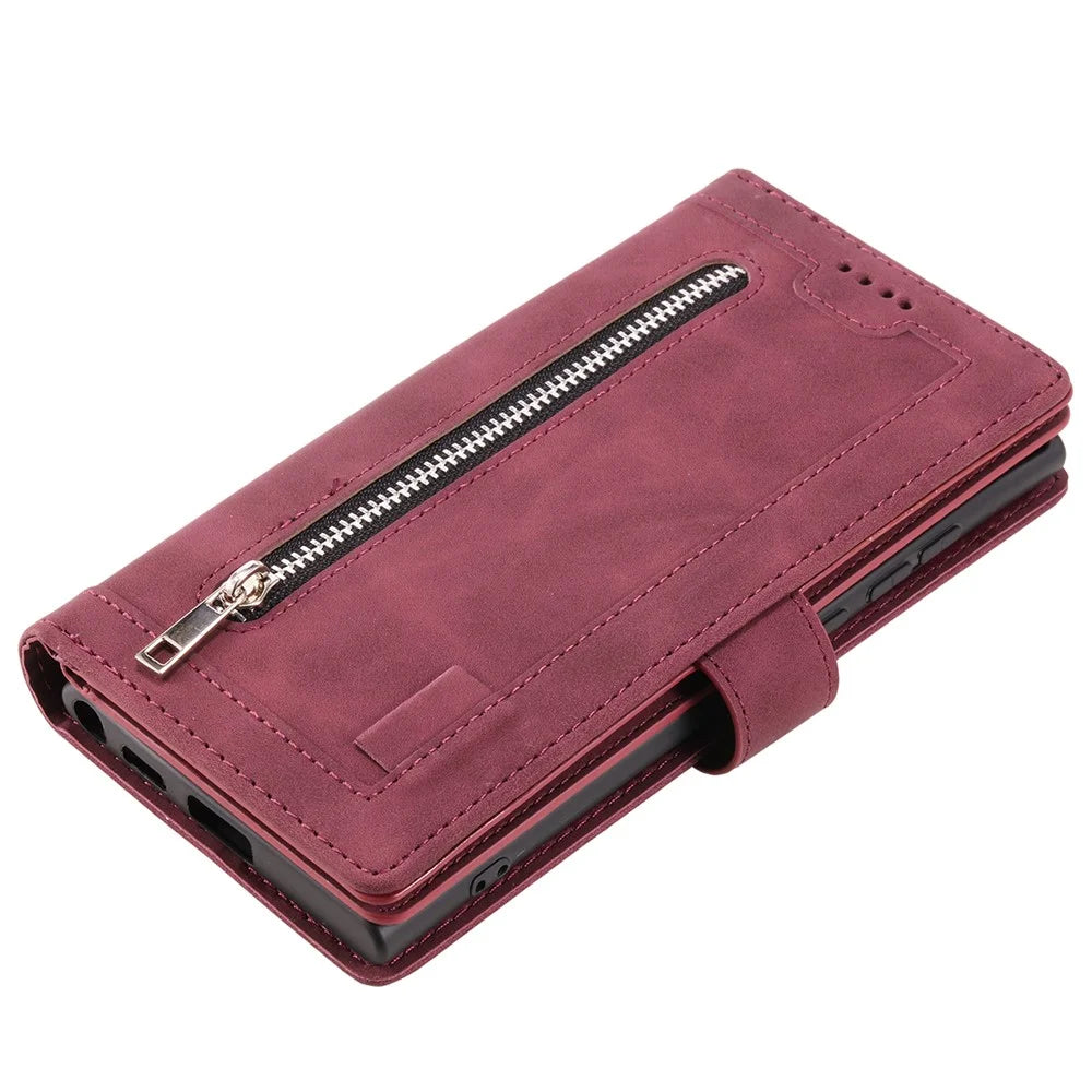 For iPhone 15 Plus Wallet Stand Cover Zipper Pocket 9 Card Slots Phone Shell PU Leather Case - Wine Red - 6