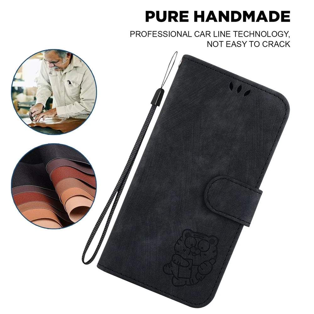 For iPhone 15 Cute Tiger Pattern Imprinted Fully Wrapped PU Leather Cover Wallet Stand Phone Case - Black - 4