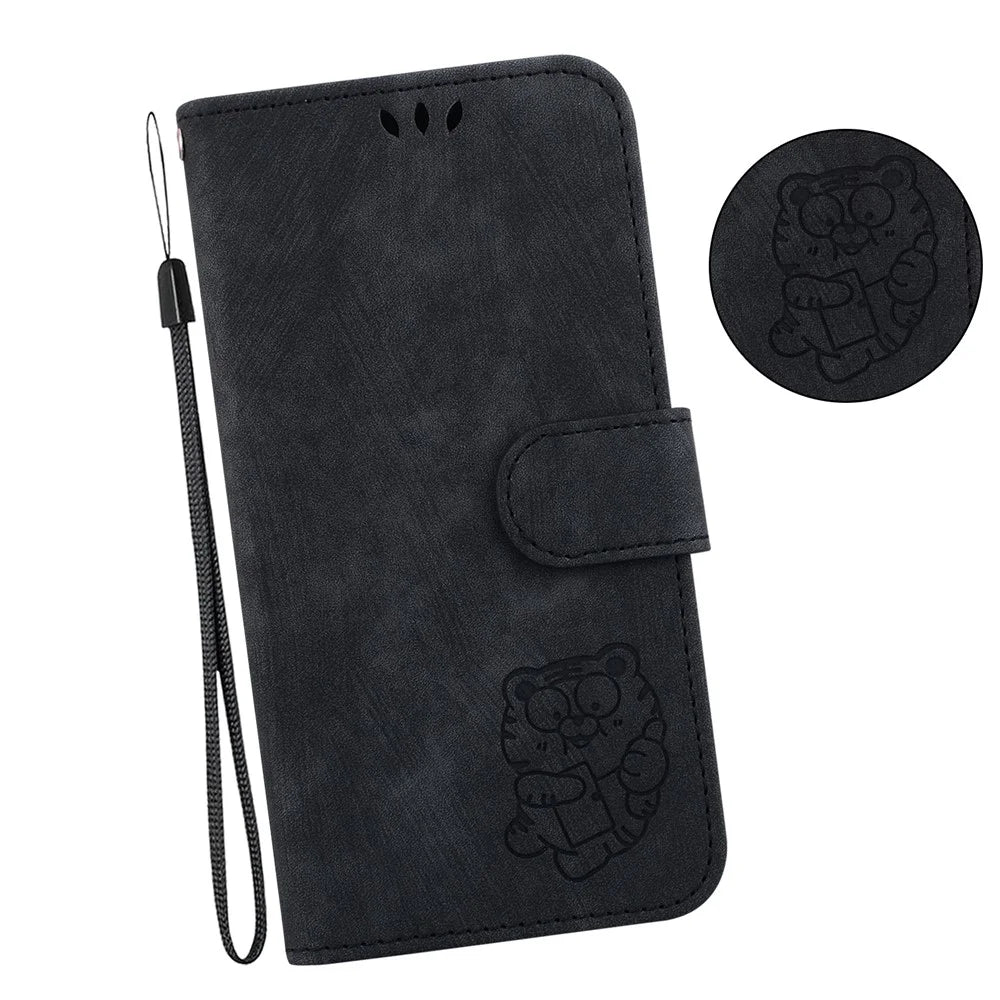 For iPhone 15 Cute Tiger Pattern Imprinted Fully Wrapped PU Leather Cover Wallet Stand Phone Case - Black - 5