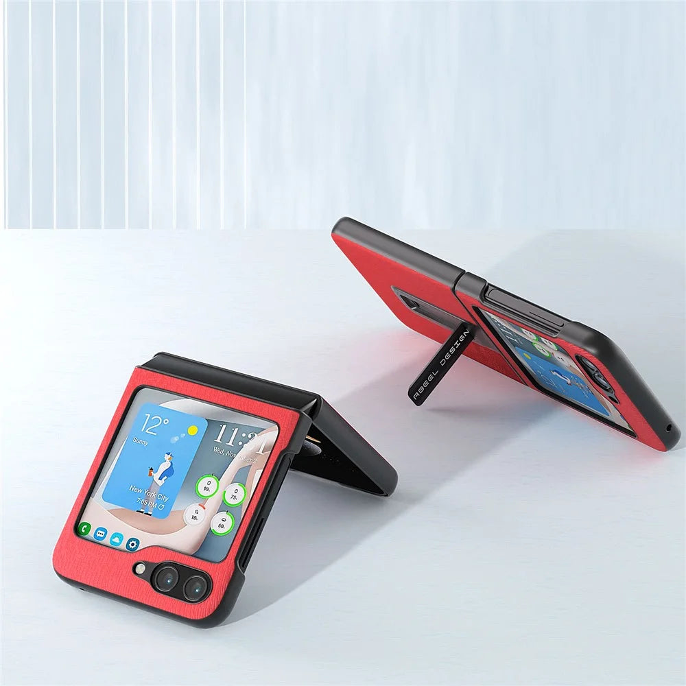 ABEEL For Samsung Galaxy Z Flip5 5G Wood Texture Back Case PU Leather+PC Kickstand Phone Cover - Red - 3