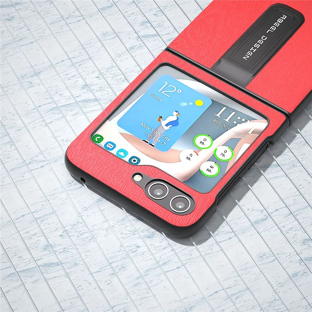 ABEEL For Samsung Galaxy Z Flip5 5G Wood Texture Back Case PU Leather+PC Kickstand Phone Cover - Red - 4