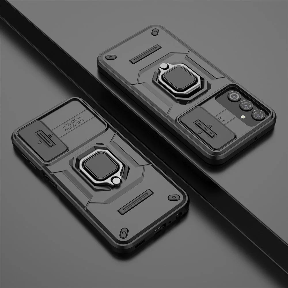 Back Shell for Samsung Galaxy A24 4G (162.1 x 77.6 x 8.3mm) PC+TPU Fall-proof Phone Case Slide Lens Protection Kickstand Cover - Black - 7