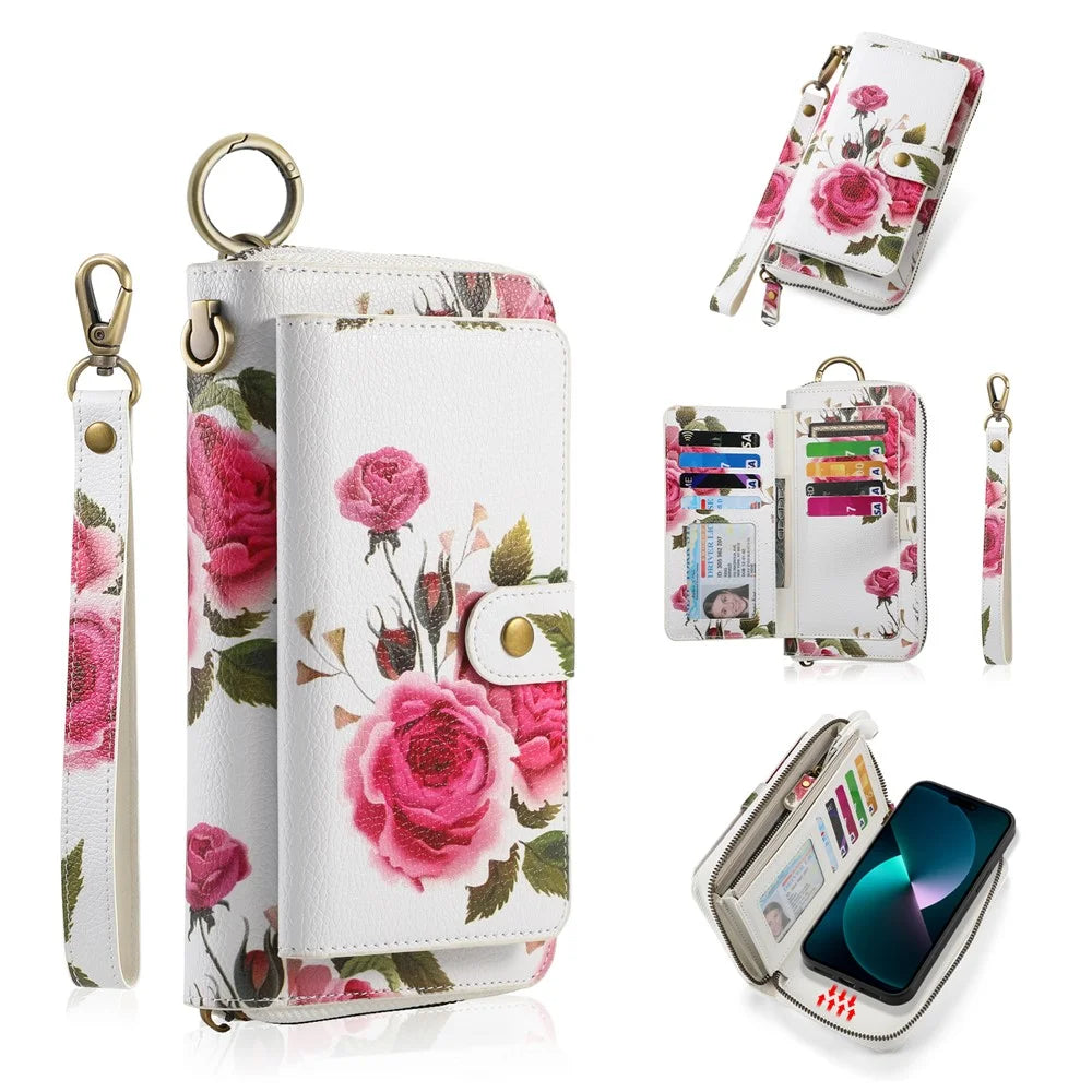 POLA Style 003 Shockproof Case for iPhone 15 Pro Max TPU+PU Flower Printed Detachable 2-in-1 Wallet Phone Cover with Strap - Pink - 1