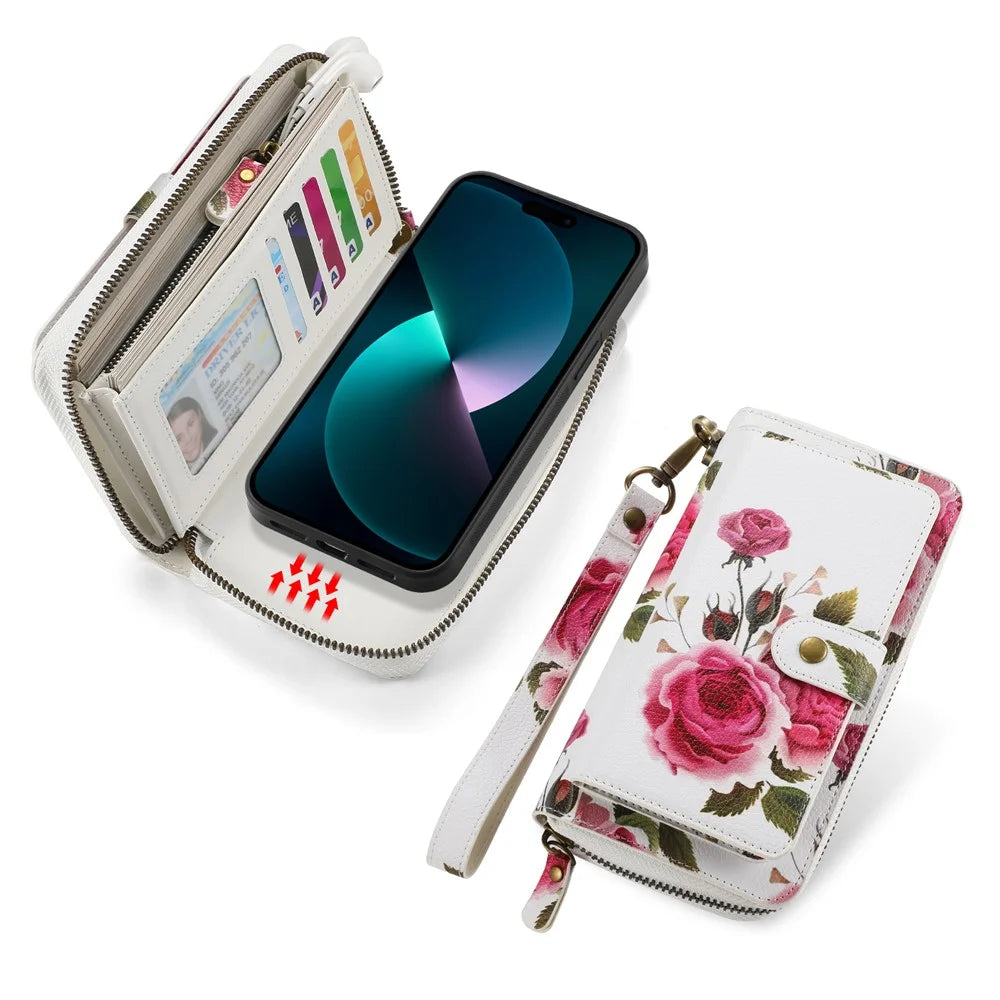 POLA Style 003 Detachable 2-in-1 Phone Case for iPhone 15 TPU+PU Shockproof Case with Wallet, Strap - Pink - 2