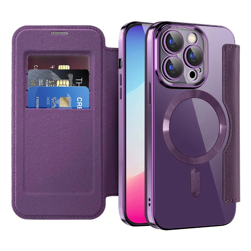 For iPhone 15 Pro RFID Blocking Built-in Lens Film Phone Case Card Holder Leather Cover Compatible with MagSafe - Purple - 2