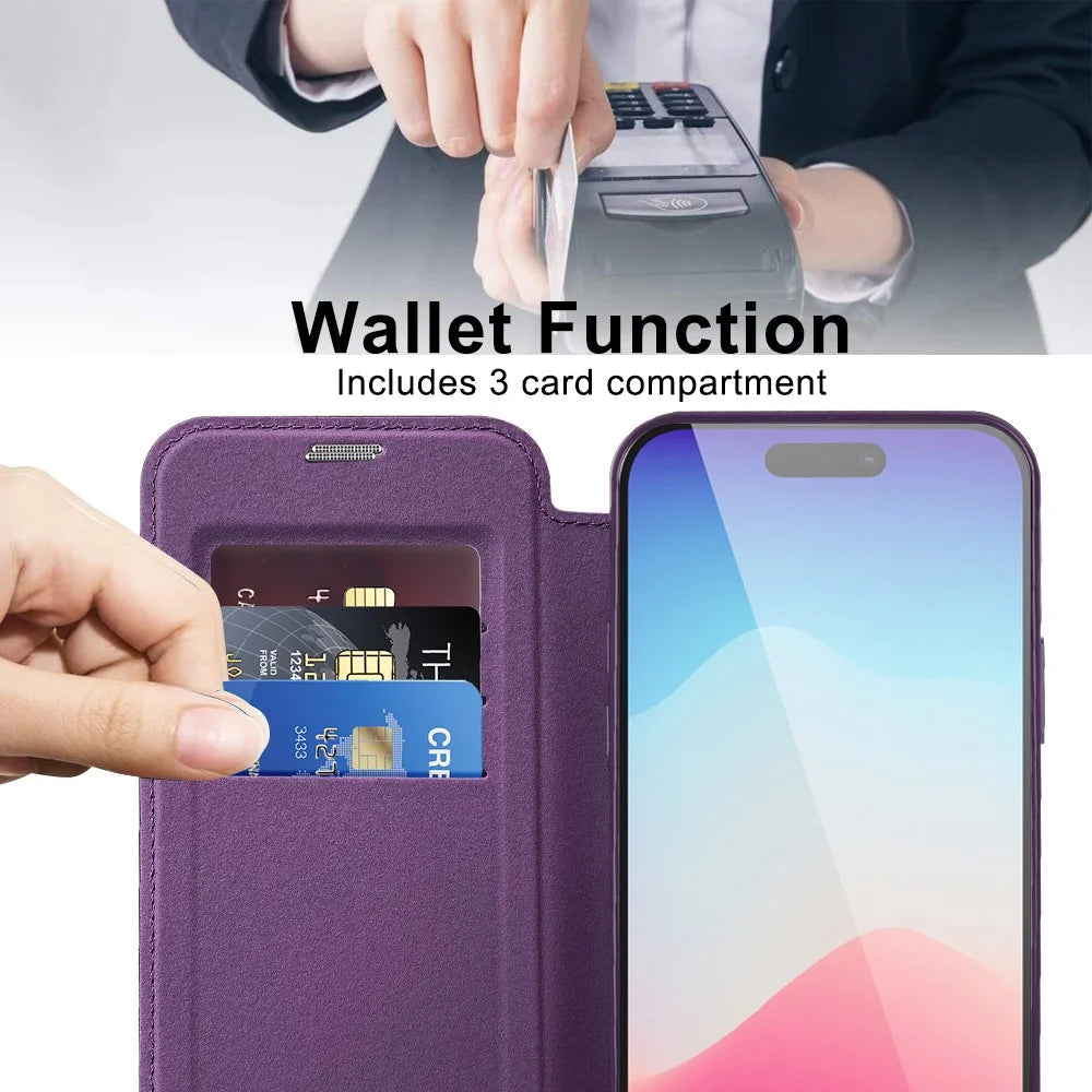 For iPhone 15 Pro RFID Blocking Built-in Lens Film Phone Case Card Holder Leather Cover Compatible with MagSafe - Purple - 3
