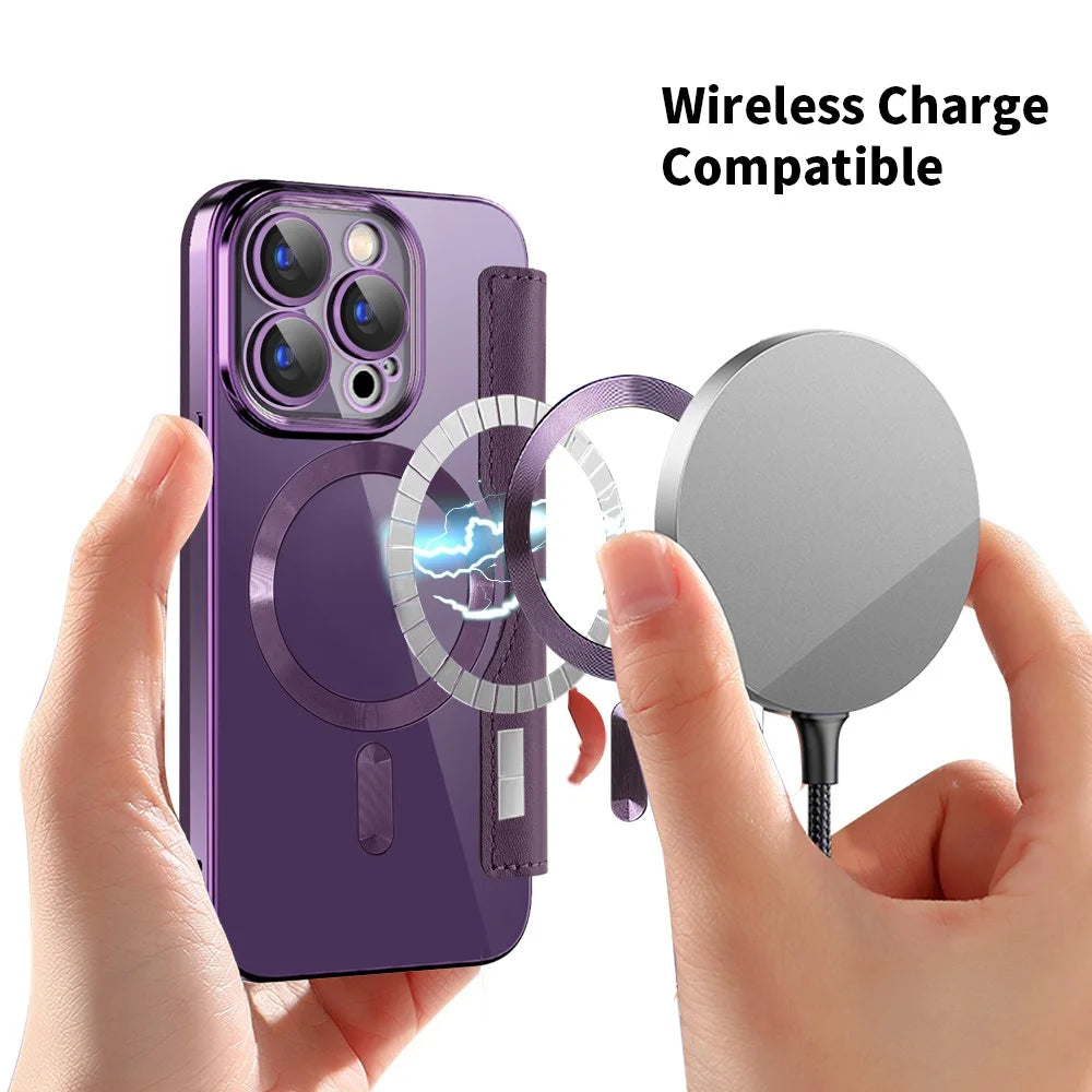 For iPhone 15 Pro Max Card Holder Phone Case RFID Blocking Electroplating Leather Cover Compatible with MagSafe - Purple - 4