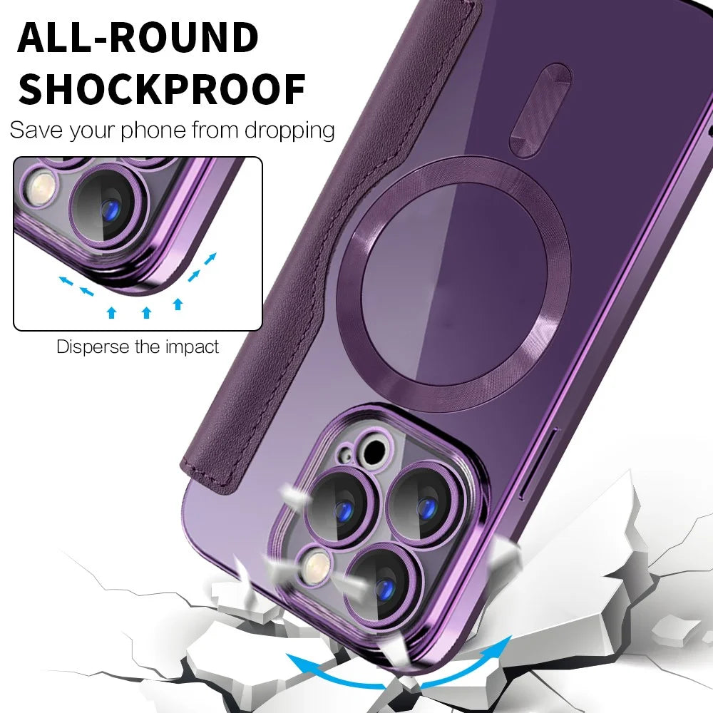 For iPhone 15 Pro Max Card Holder Phone Case RFID Blocking Electroplating Leather Cover Compatible with MagSafe - Purple - 7