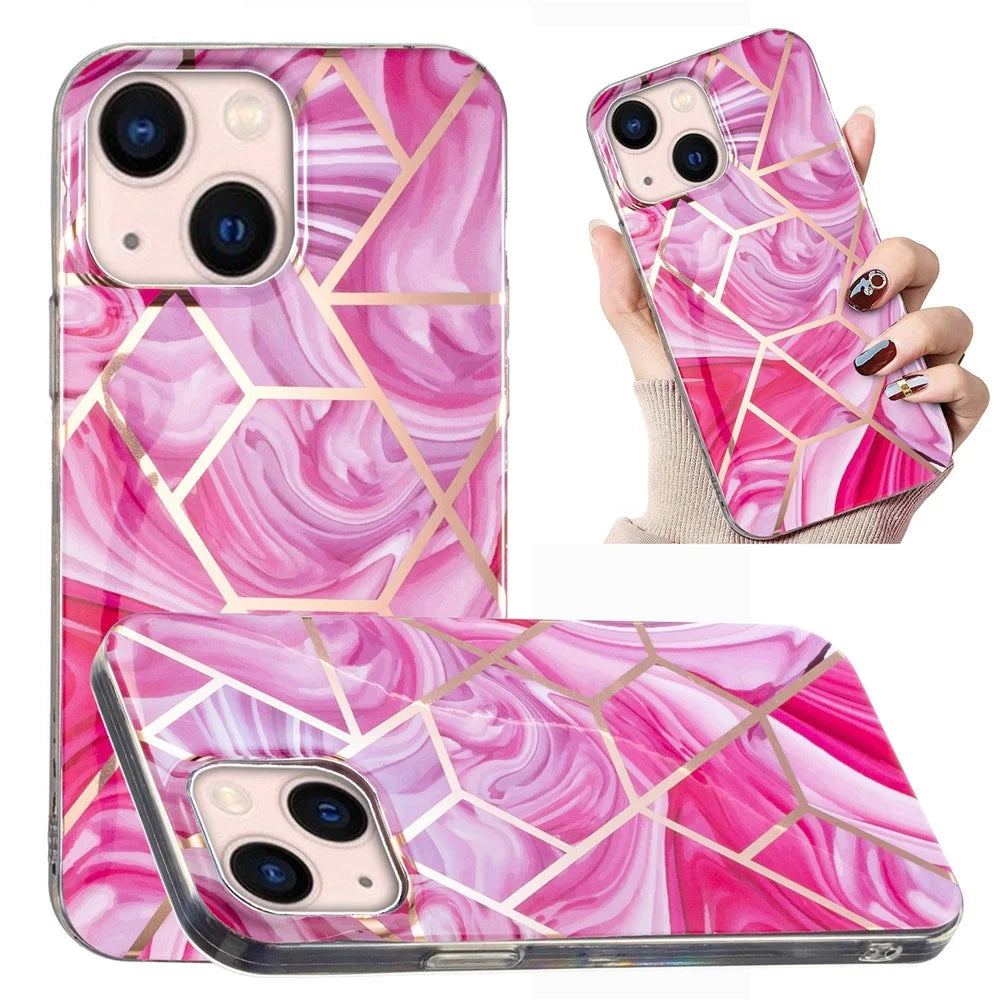 For iPhone 15 Plus Electroplating Phone Case IMD Pattern TPU Phone Back Cover - Marble / Red Rhombus - 2