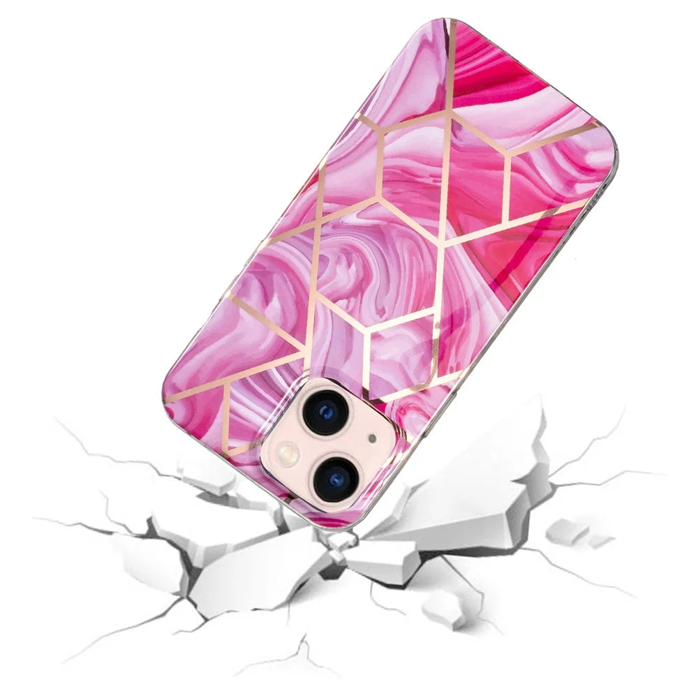 For iPhone 15 Plus Electroplating Phone Case IMD Pattern TPU Phone Back Cover - Marble / Red Rhombus - 4
