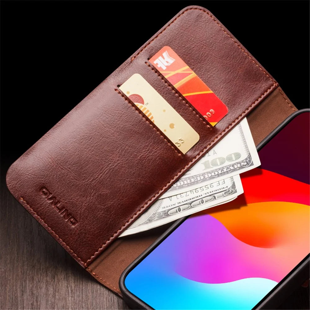 QIALINO Genuine Cow Leather+TPU Phone Case for iPhone 15 Plus Magnetic Closure Shockproof Phone Cover - Dark Brown - 2
