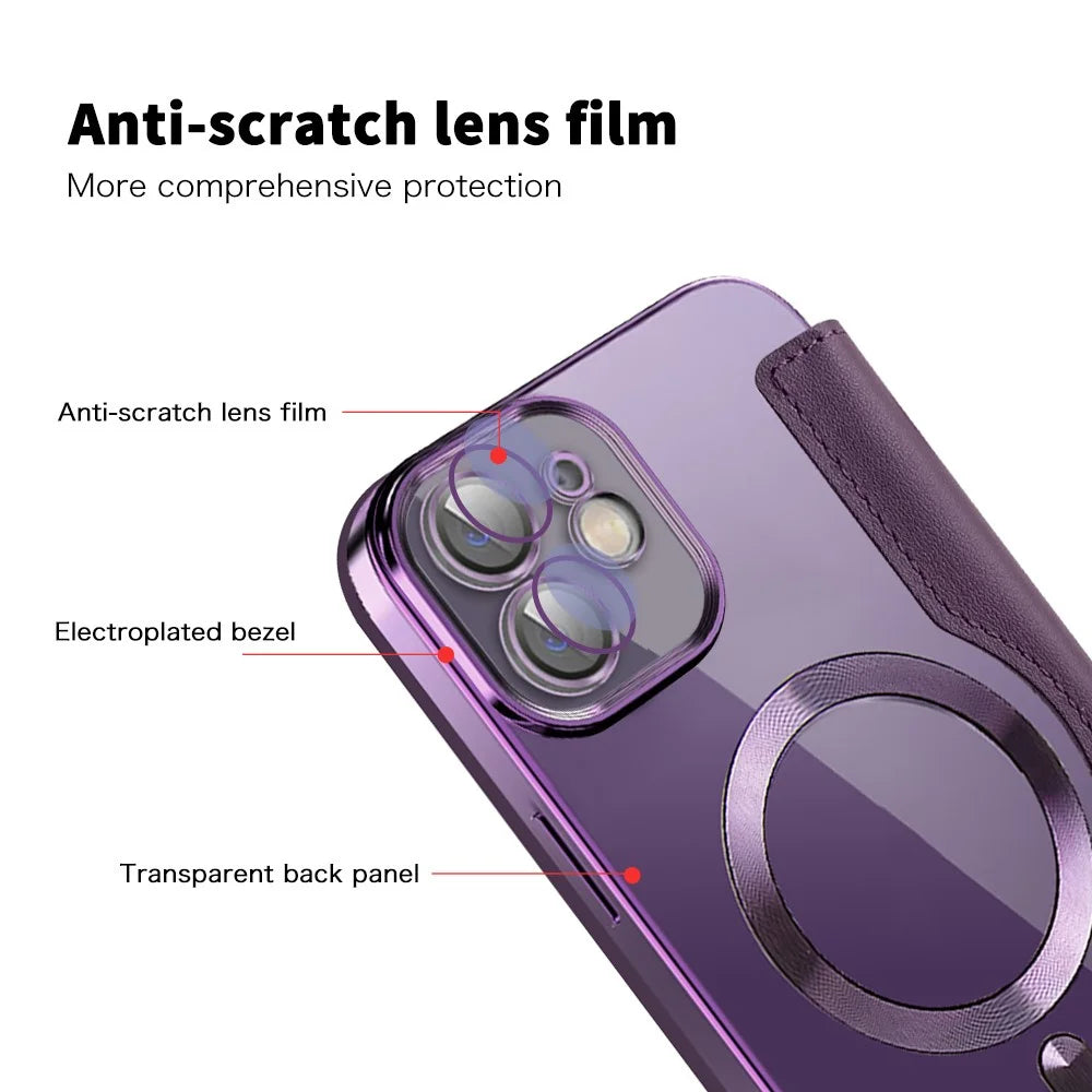 For iPhone 12 6.1 inch Card Holder Leather Phone Case Compatible with MagSafe Built-in Lens Film RFID Blocking Cover - Purple - 6