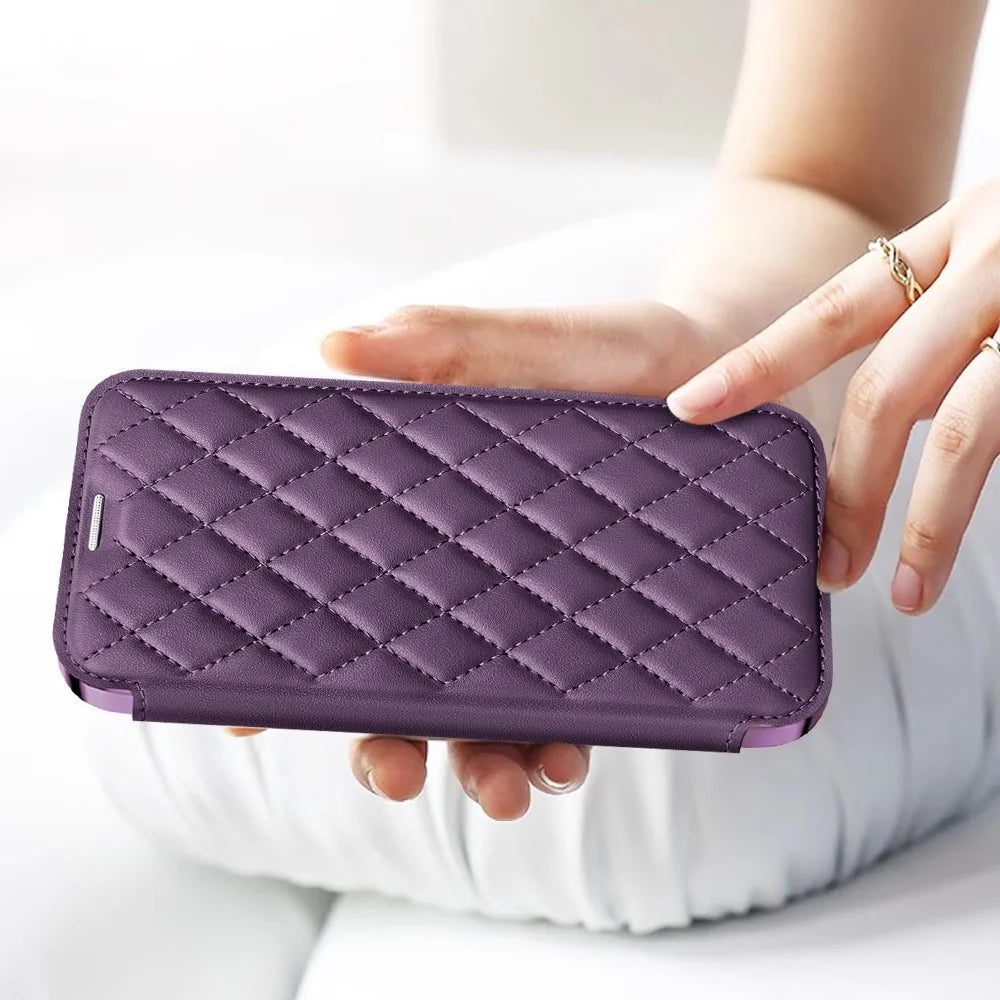 For iPhone 12 6.1 inch Card Holder Leather Phone Case Compatible with MagSafe Built-in Lens Film RFID Blocking Cover - Purple - 7