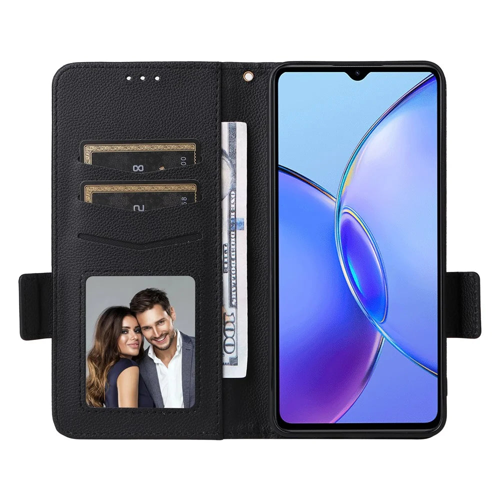 For vivo Y35m+ 5G / Y35+ 5G / Y27 4G Litchi Texture Phone Shell PU Leather Wallet Stand Anti-drop Cover with Strap - Black - 2