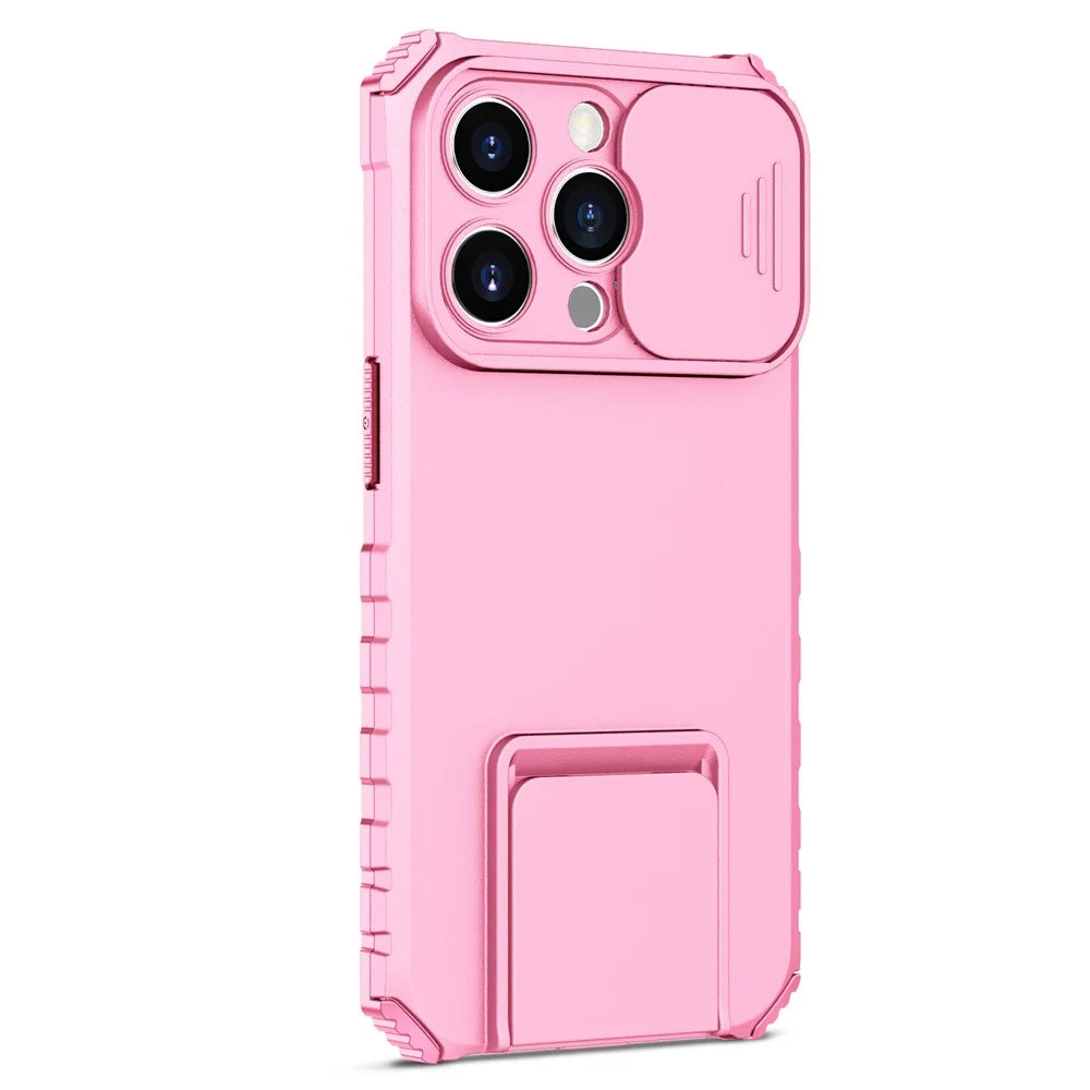 Slide Camera Lid Phone Case for iPhone 15 Pro , PC+TPU Cover Shockproof Phone Shell with Kickstand - Pink - 2