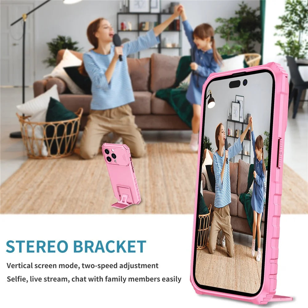 Slide Camera Lid Phone Case for iPhone 15 Pro , PC+TPU Cover Shockproof Phone Shell with Kickstand - Pink - 7
