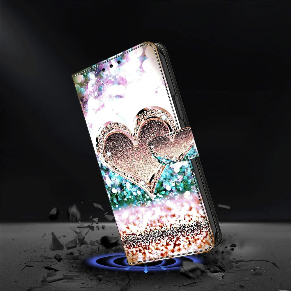 For iPhone 15 Wallet Case 3D Pattern Printing PU Leather Stand Flip Phone Cover - Pink Diamond Heart - 4