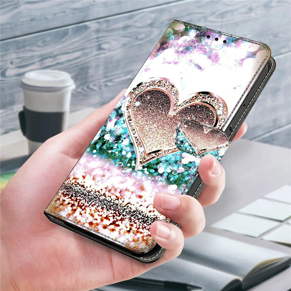 For iPhone 15 Wallet Case 3D Pattern Printing PU Leather Stand Flip Phone Cover - Pink Diamond Heart - 5