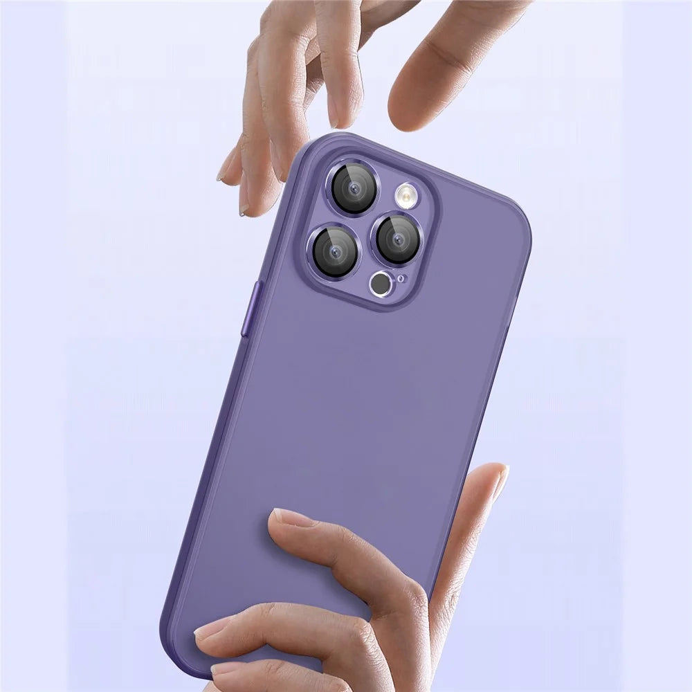 For iPhone 15 Pro Translucent Matte Phone Case PC+TPU Skin-touch Cover with Glass Lens Film - Dark Purple - 3