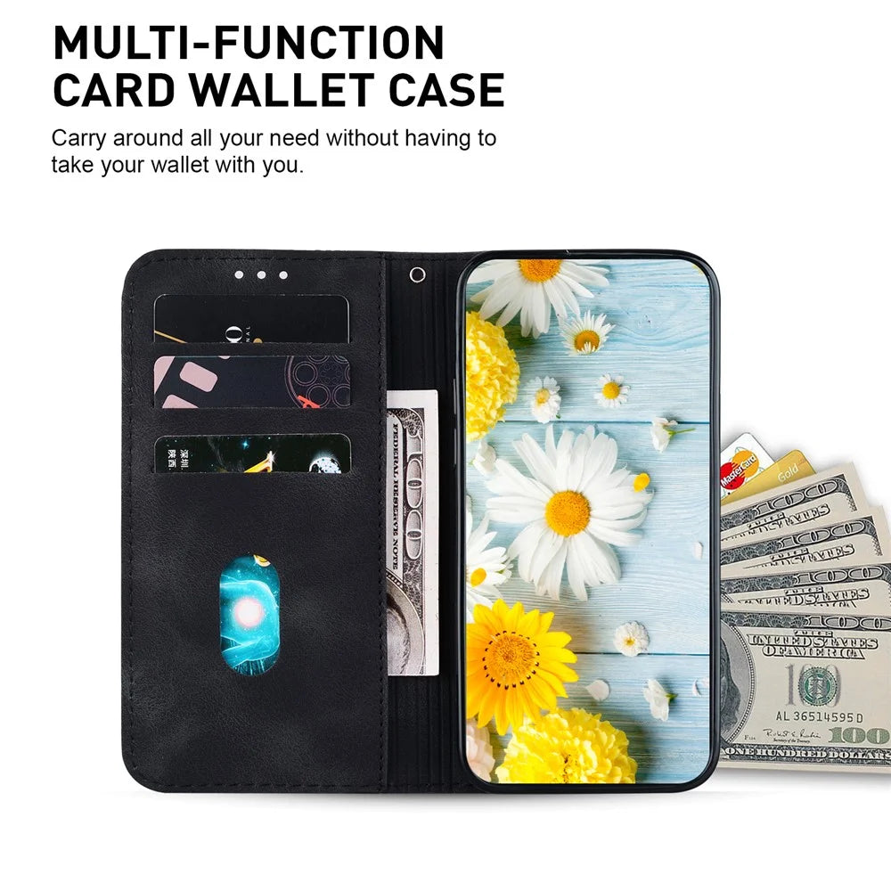 For iPhone 15 Plus Imprinted Lily Flower Case Shockproof PU Leather Wallet Stand Shell - Black - 3