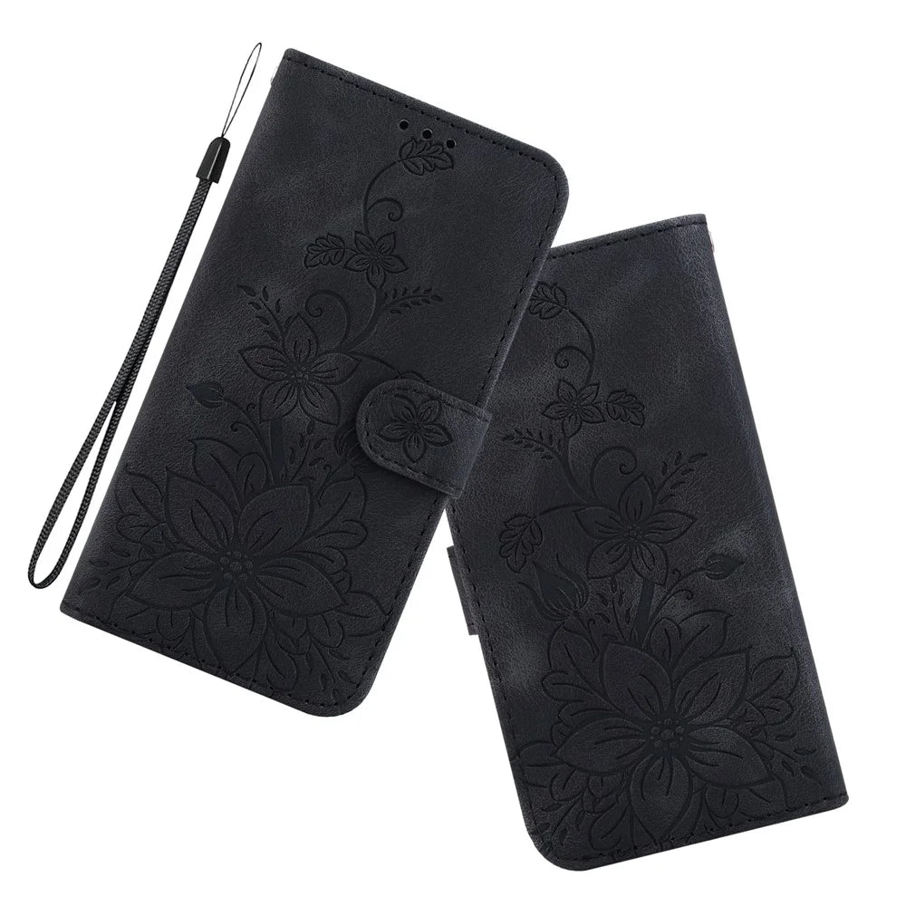 For iPhone 15 Plus Imprinted Lily Flower Case Shockproof PU Leather Wallet Stand Shell - Black - 5