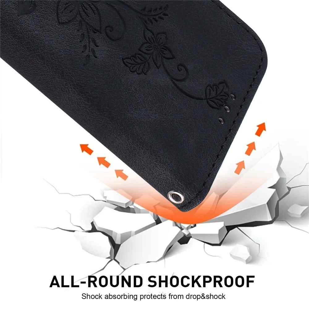 For iPhone 15 Plus Imprinted Lily Flower Case Shockproof PU Leather Wallet Stand Shell - Black - 6