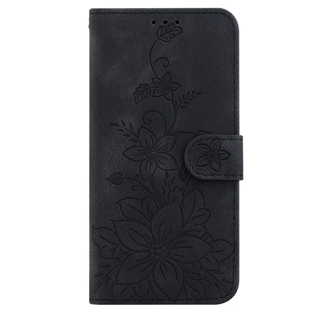 For iPhone 15 Plus Imprinted Lily Flower Case Shockproof PU Leather Wallet Stand Shell - Black - 7