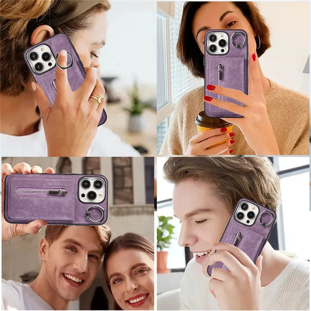 For iPhone 15 Plus Zipper Pocket Phone Case Leather+TPU Kickstand Cover with Hand Strap and Shoulder Strap - Purple - 5