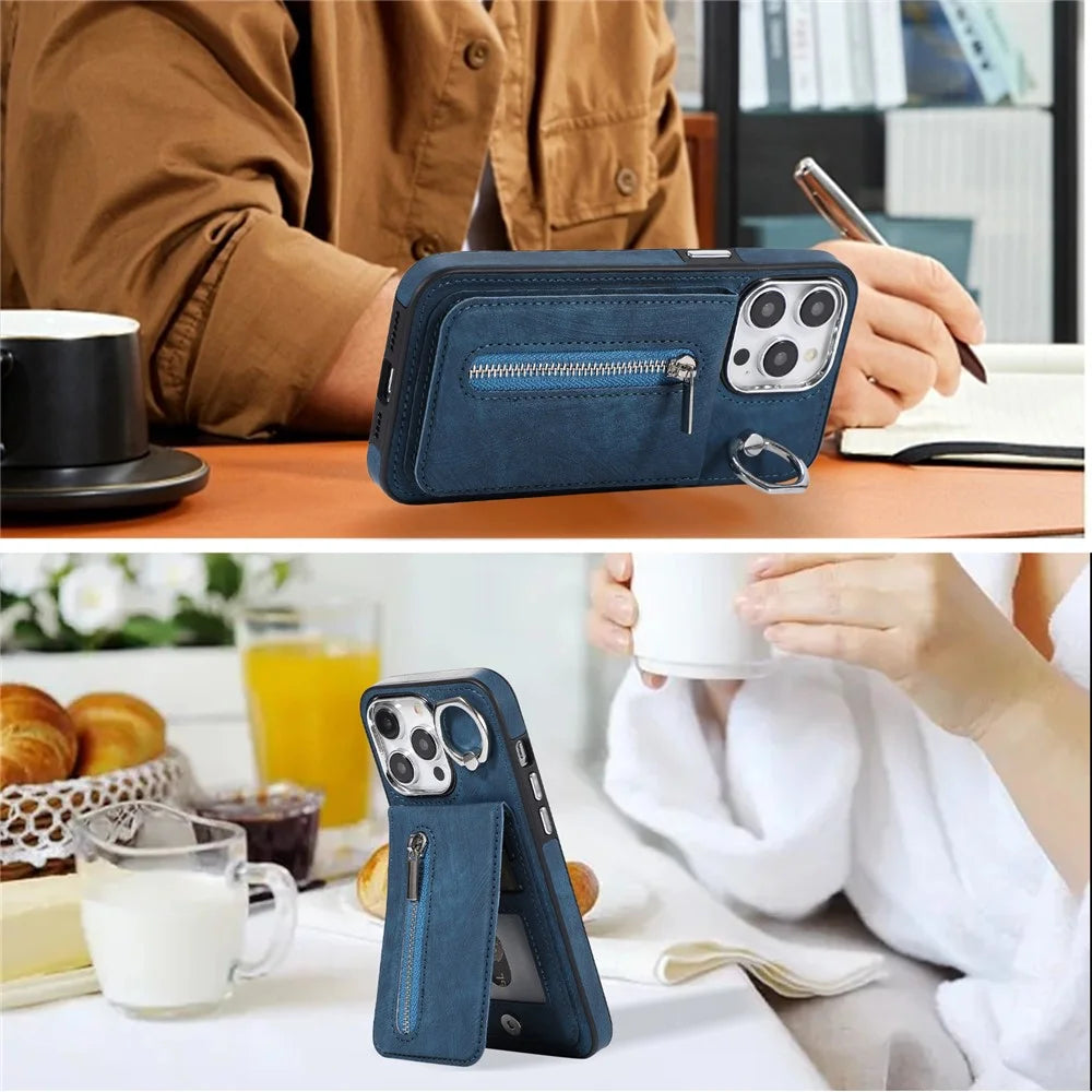 For iPhone 15 Pro Max Kickstand Phone Cover PU Leather Coated TPU Zipper Pocket Case with Hand Strap - Blue - 2