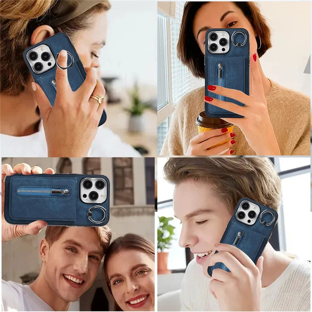 For iPhone 15 Pro Max Kickstand Phone Cover PU Leather Coated TPU Zipper Pocket Case with Hand Strap - Blue - 4