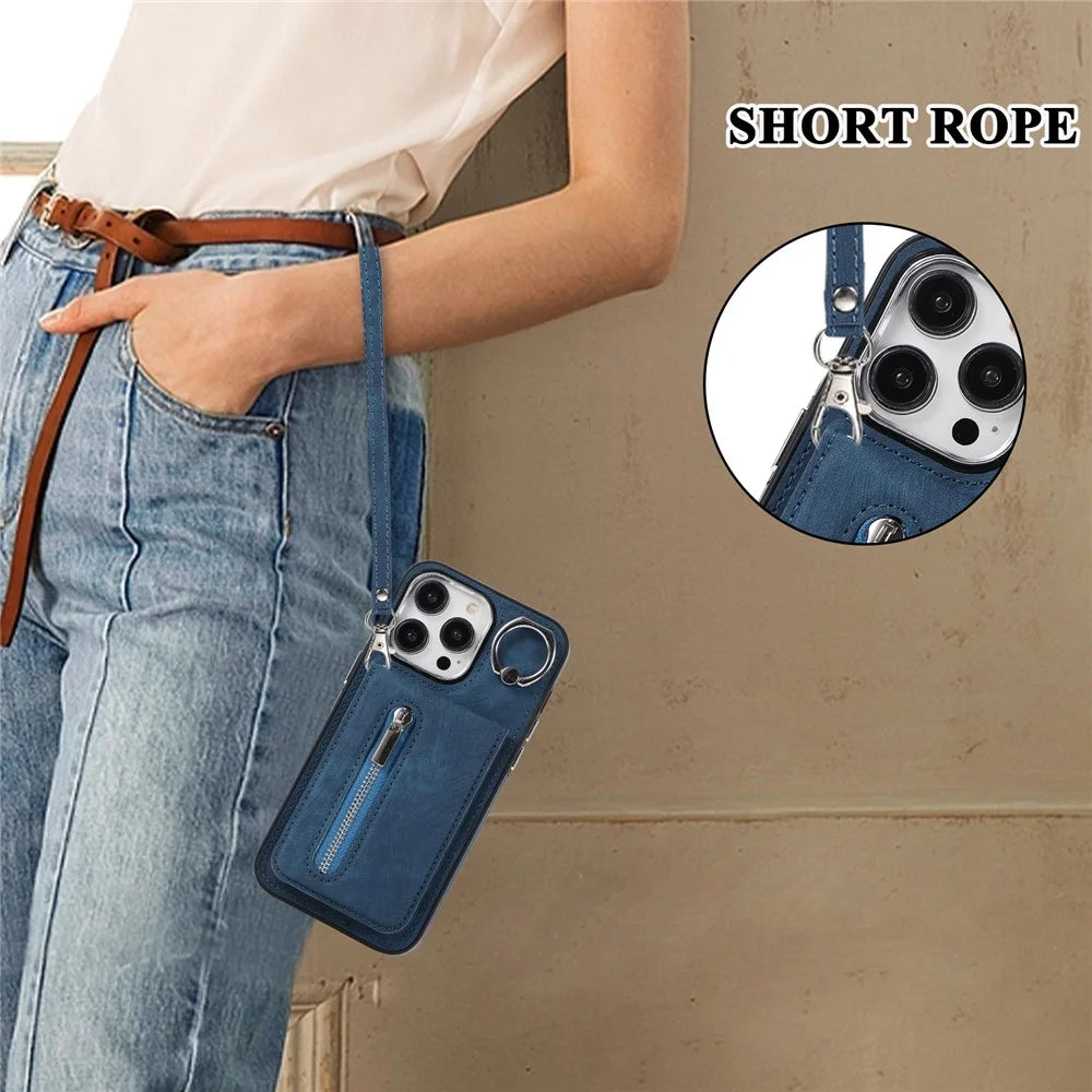For iPhone 15 Pro Max Kickstand Phone Cover PU Leather Coated TPU Zipper Pocket Case with Hand Strap - Blue - 7