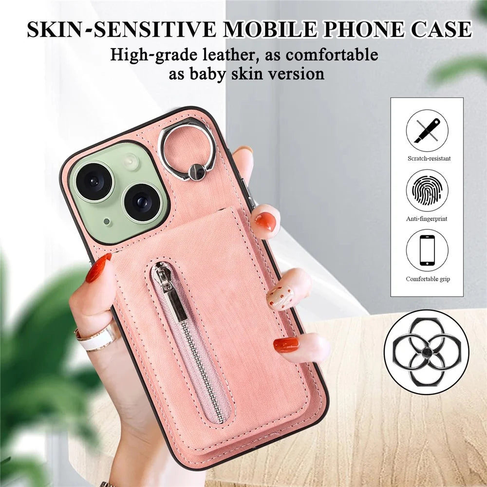 Kickstand Zipper Pocket Phone Case for iPhone 15 Plus , PU Leather Coated TPU Cover with Hand Strap - Pink - 6