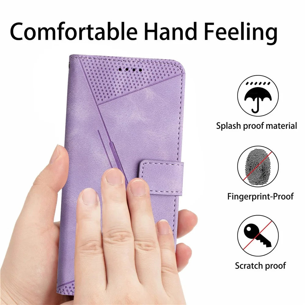 For Samsung Galaxy A32 5G / M32 5G Phone Case Triangle Imprinted Leather Stand Wallet Cover with Strap - Purple - 7