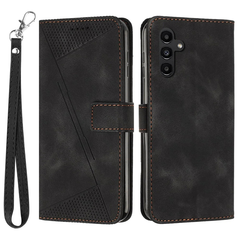 For Samsung Galaxy A14 5G Leather Wallet Stand Cover Triangle Imprint Phone Case with Strap - Black - 1