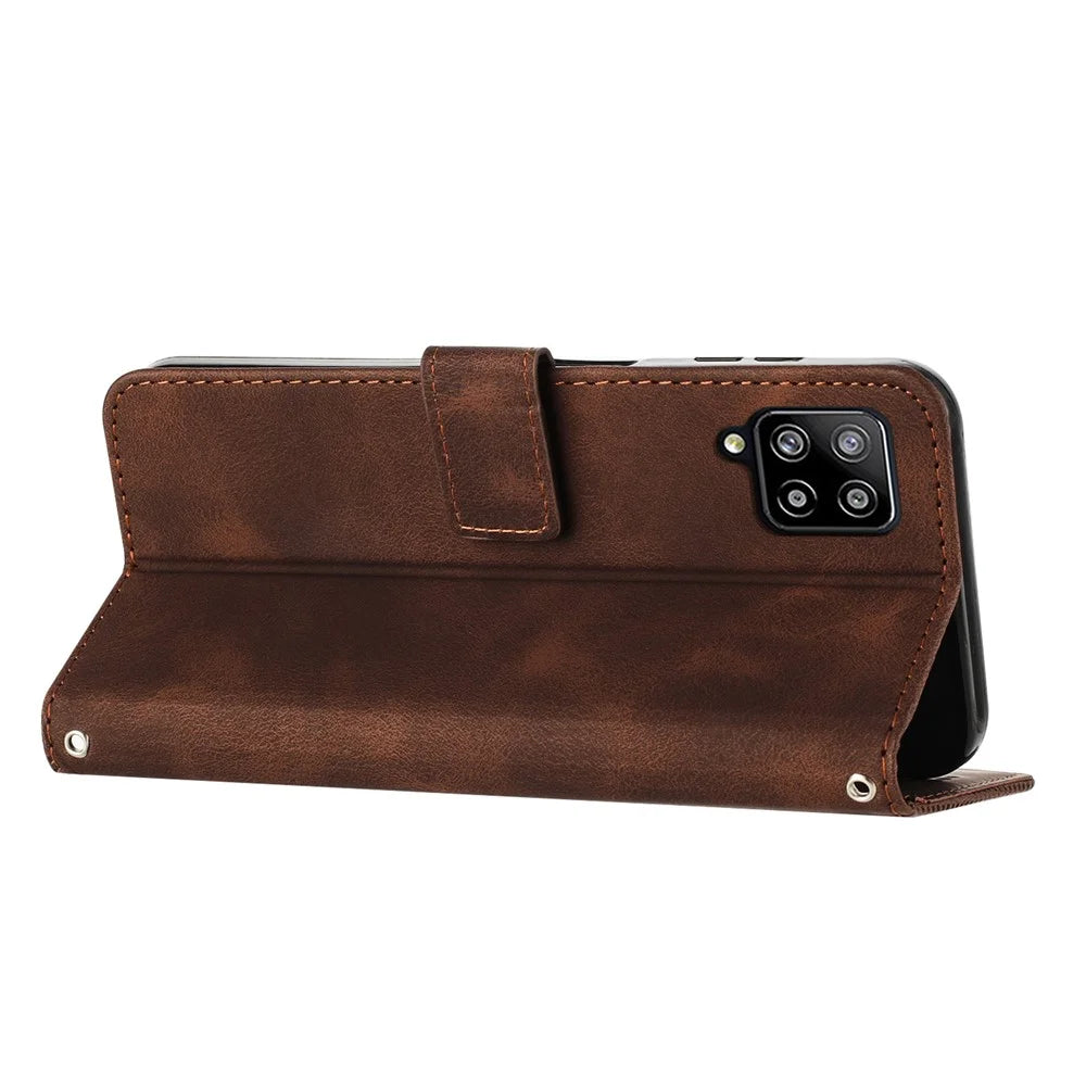 For Samsung Galaxy A22 4G (EU Version) / M32 (India Version) / M32 (Global Version) 4G / F22 / M22 Leather Phone Cover Imprinted Wallet Stand Case - Brown - 3