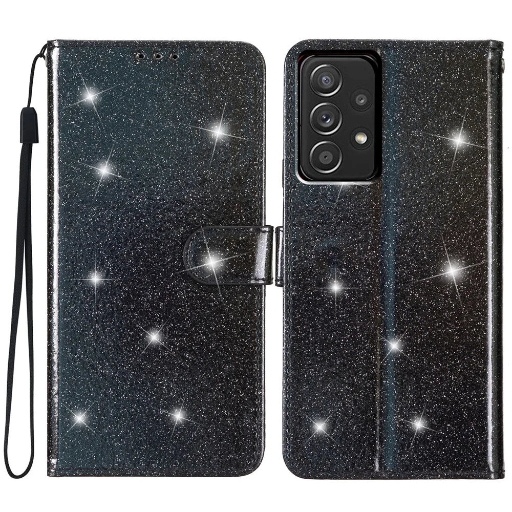 For Samsung Galaxy A33 5G Glittery PU Leather Case Folio Flip Wallet Stand Phone Cover with Strap - Black - 1