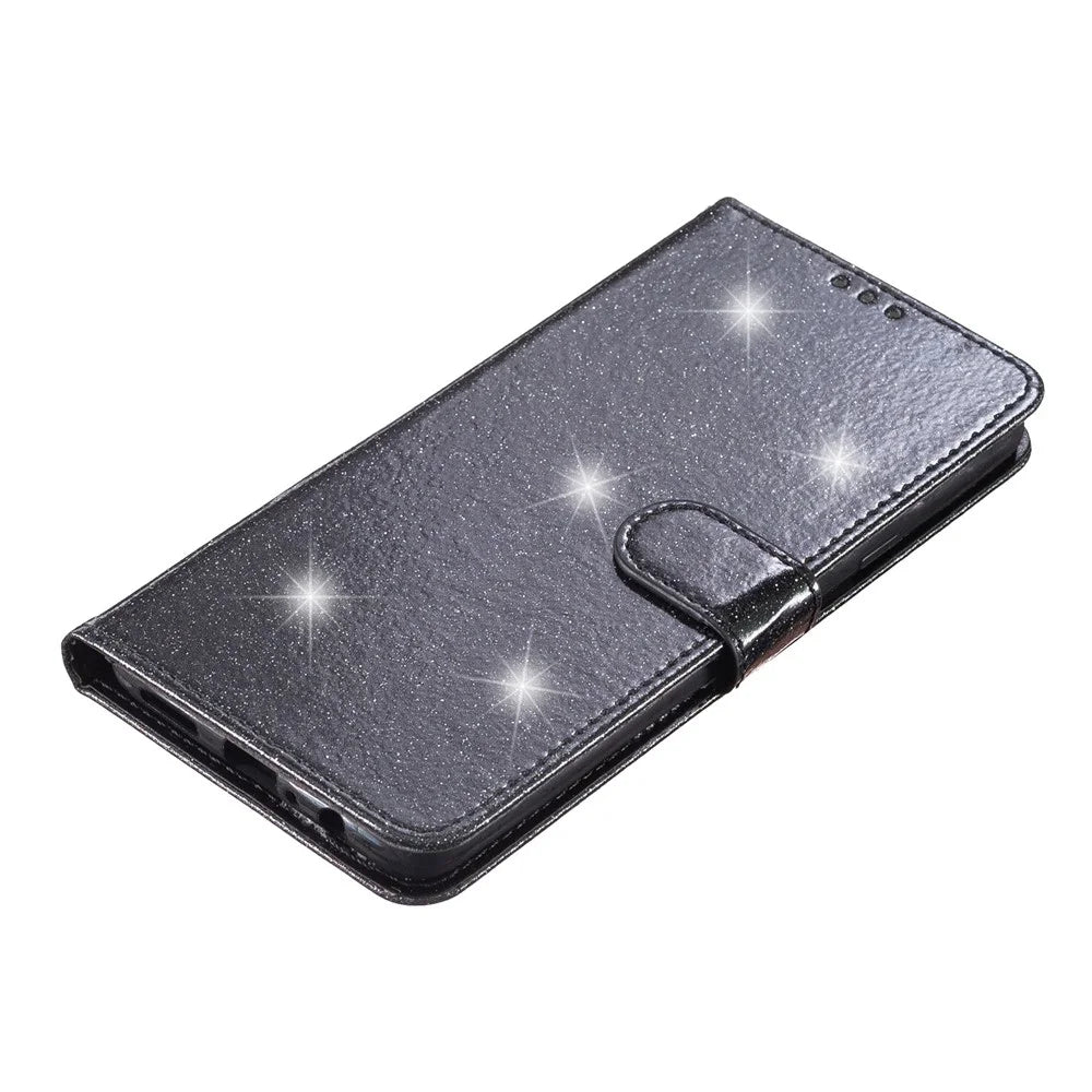 For Samsung Galaxy A34 5G Glittery PU Leather Fully Wrapped Case Folio Flip Wallet Stand Phone Cover - Black - 4