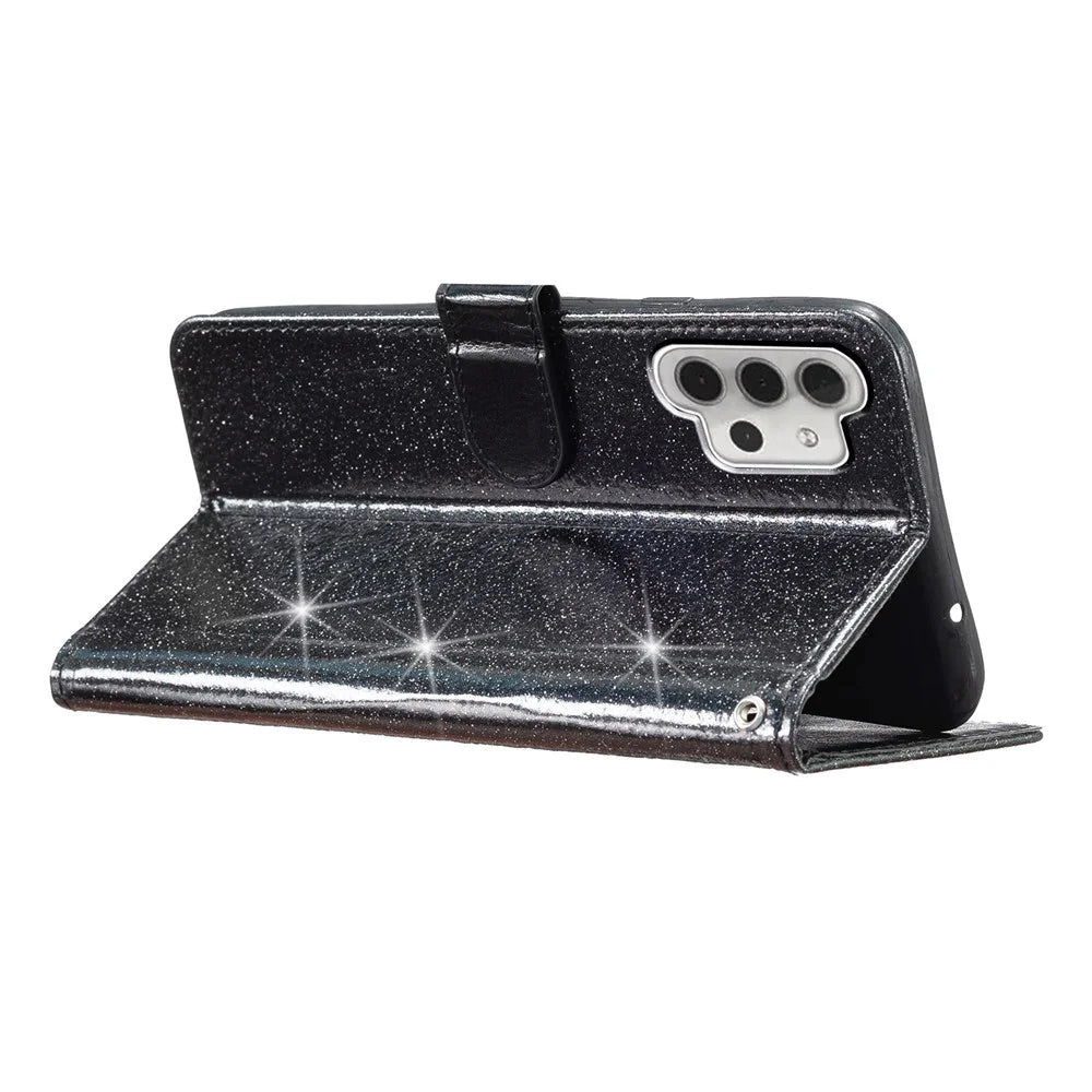 For Samsung Galaxy A32 4G (EU Version) Glittery PU Leather Fully Wrapped Case Wallet Stand Phone Cover - Black - 3