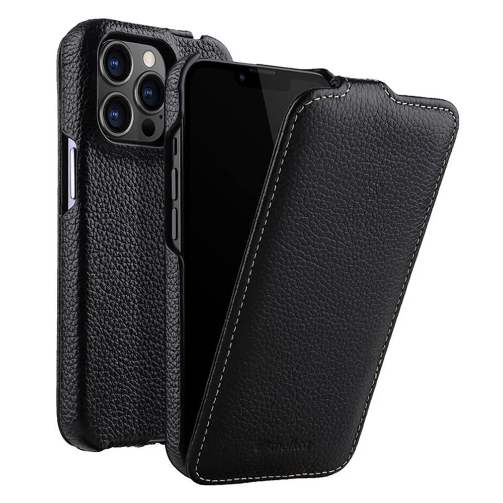 MELKCO For iPhone 14 Pro Litchi Texture Phone Case Genuine Cow Leather+PC Vertical Flip Cover - Black - 1