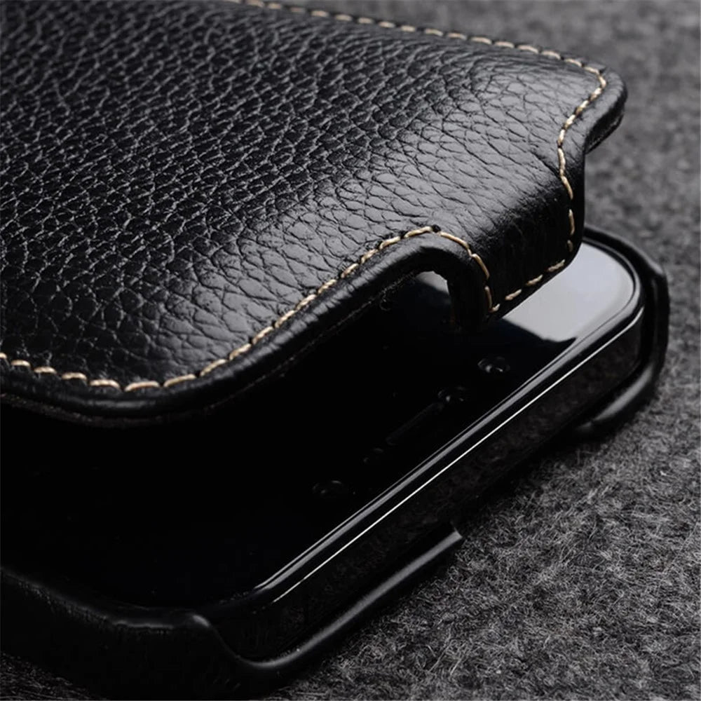 MELKCO For iPhone 14 Pro Litchi Texture Phone Case Genuine Cow Leather+PC Vertical Flip Cover - Black - 4
