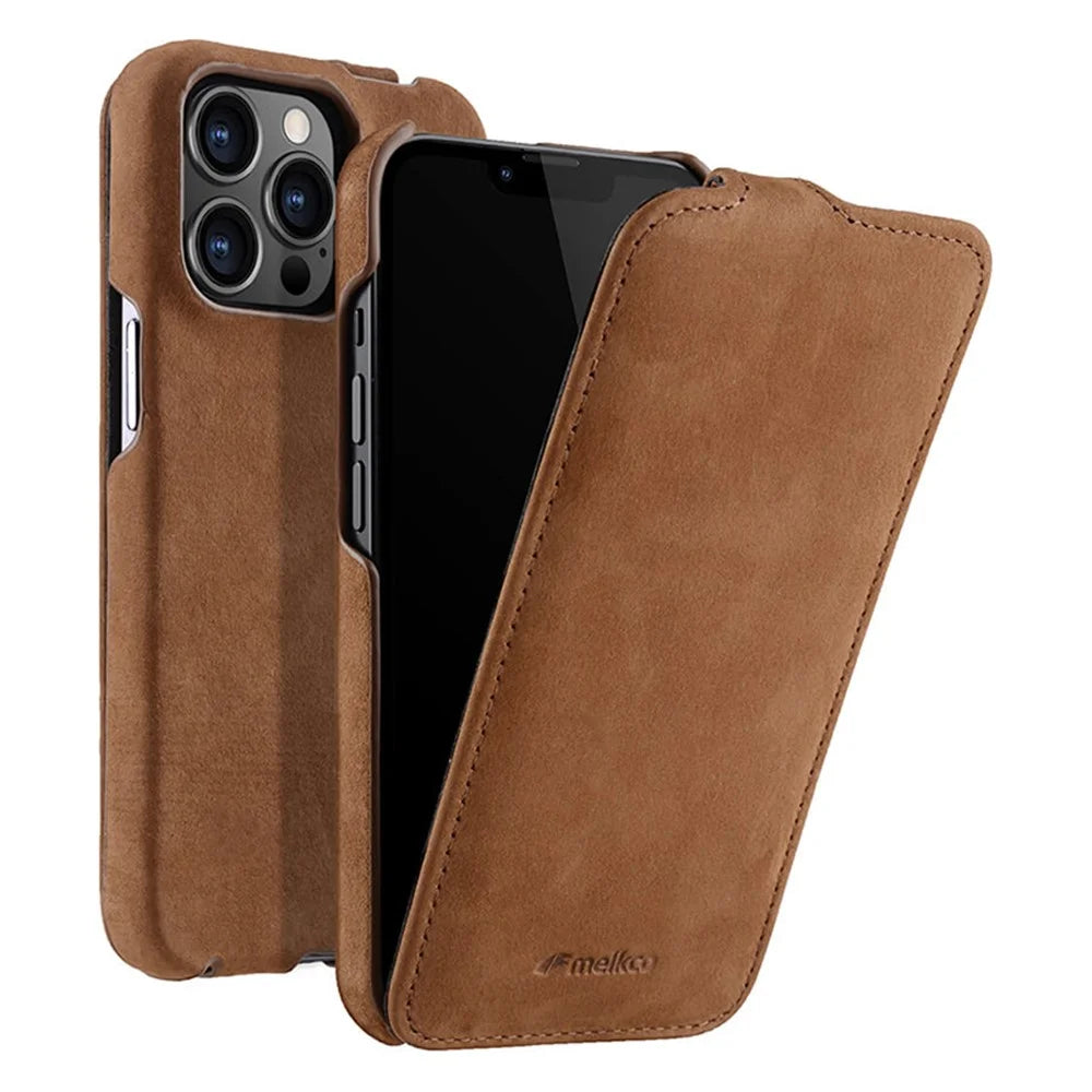 MELKCO For iPhone 12 / 12 Pro Vertical Flip Phone Case Genuine Cow Leather+PC Matte Cover - Coffee - 1