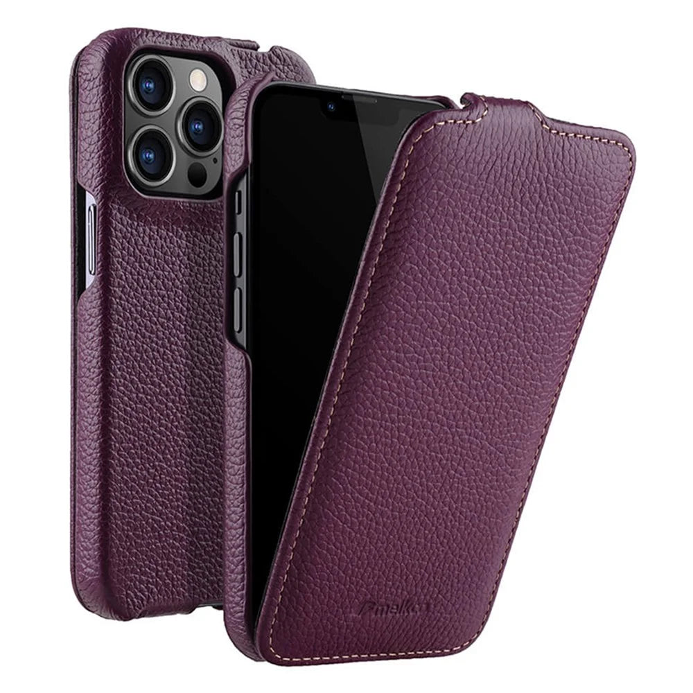 MELKCO For iPhone 14 Pro Max Genuine Cow Leather+PC Cover Litchi Texture Vertical Flip Protective Phone Case - Purple - 1