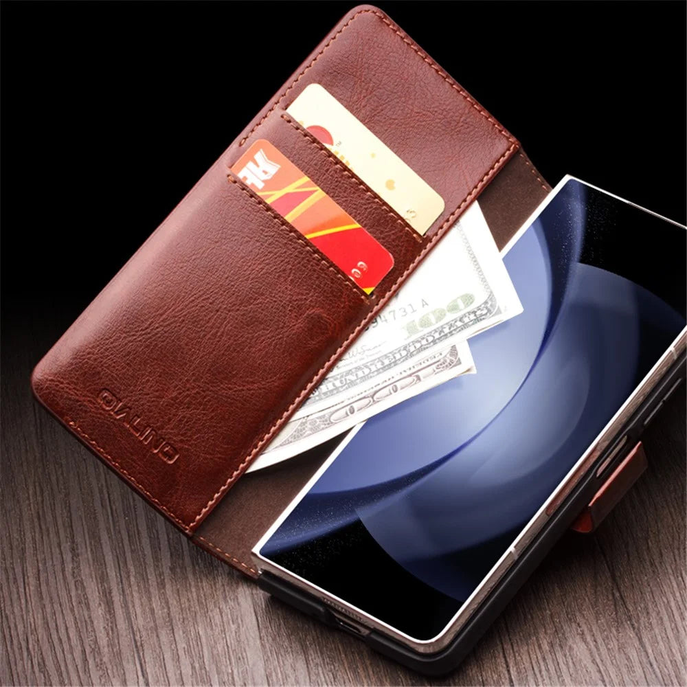 QIALINO Wallet Phone Case for Samsung Galaxy Z Fold5 5G TPU+Genuine Cow Leather Folio Flip Cover - Dark Brown - 2