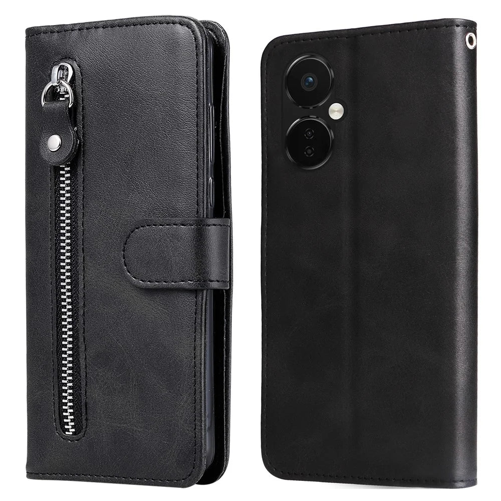 For OnePlus Nord CE3 5G / Oppo K11 5G Zipper Pocket Wallet Stand Phone Case Calf Texture Leather Cover - Black - 1