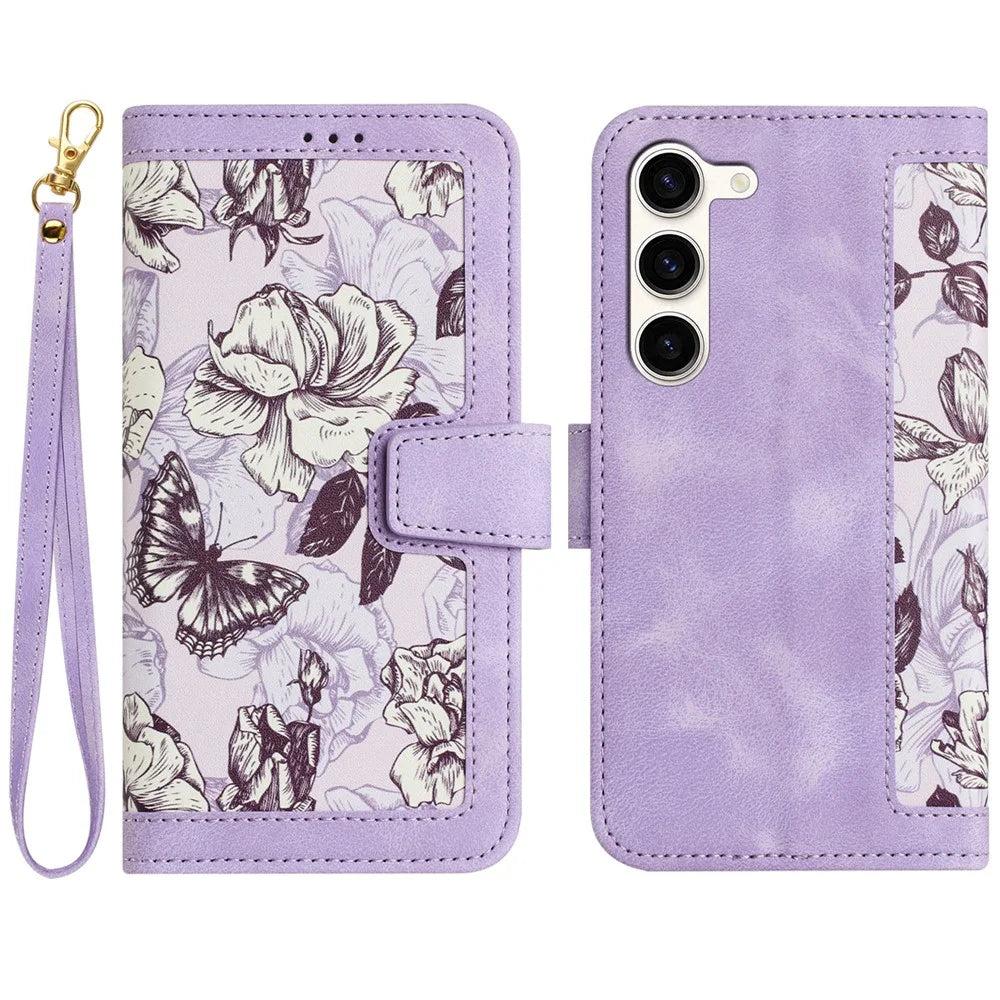 For Samsung Galaxy S23+ Card Holder Phone Case PU Leather Flower Pattern Printing Stand Cover - Light Purple - 1
