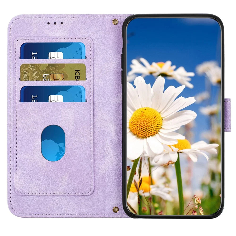 For Samsung Galaxy S23+ Card Holder Phone Case PU Leather Flower Pattern Printing Stand Cover - Light Purple - 3