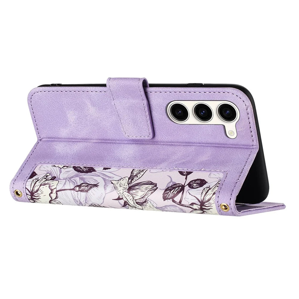 For Samsung Galaxy S23+ Card Holder Phone Case PU Leather Flower Pattern Printing Stand Cover - Light Purple - 5